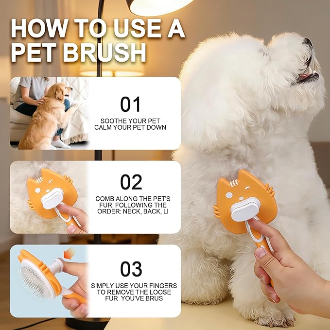 HOP Self Cleaning Slicker Brush for Cats Orange Pet Brush for Shedding&Deshedding Skin-Friendly Pet Grooming Tool for Long&Short Haired Dogs and Cats Gentle Remove Loose Hair Knots Tangles