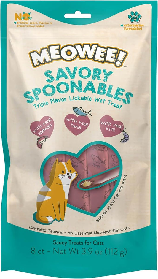 MEOWEE! Savory Spoonables with Real Salmon, Tuna & Krill, 8 Count Tube, Triple Flavor Squeezable Lickable Wet Treats for Cats with Built-in Spoon for Less Mess