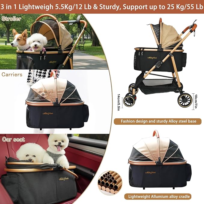 MILA&LOUIS Cat Stroller, 24" Pet Cradle, Lightweight & Stylish Dog and Pet Stroller for Medium and Small Pets, 55 Lbs Capacity with Cup Holder, Hook, Detachable Aluminum Cradle (Khaki)