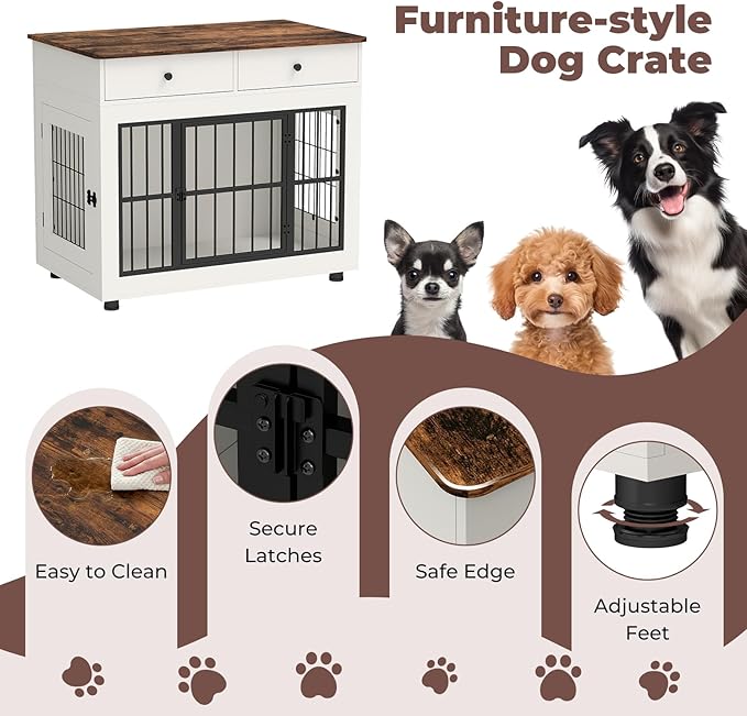 40 inch Dog Crate Furniture-Farmhouse Dog Kennel with Drawers-Heavy Duty End Table Wooden Pet Crate, Decorative Dog House Indoor for Small Medium Large Dog, White