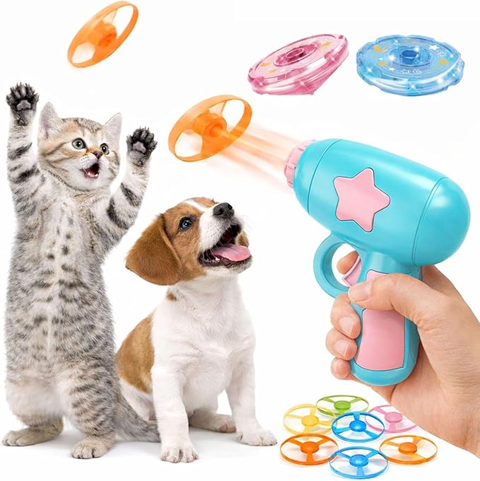Bamboo Dragonfly Catapult Launcher, Flying Disk Launcher Toy,7 Piece Cat Fetch Toys,Interactive Flying Cat Toy for Pet Exercise & Night Play,with LED Glow (Blue)