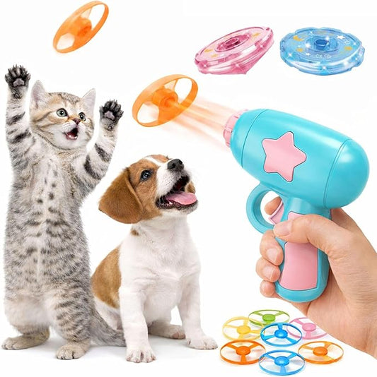 Bamboo Dragonfly Catapult Launcher, Flying Disk Launcher Toy,7 Piece Cat Fetch Toys,Interactive Flying Cat Toy for Pet Exercise & Night Play,with LED Glow (Blue)
