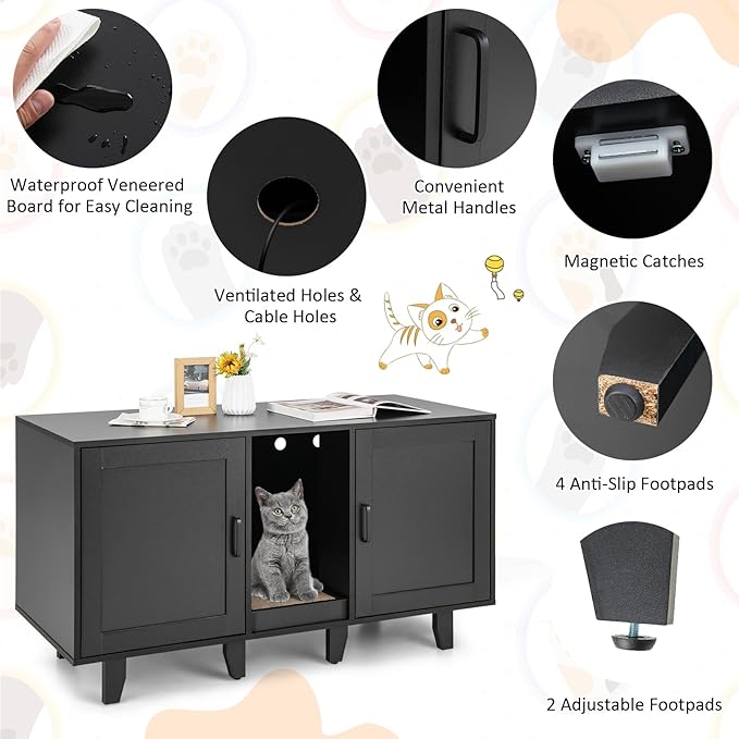 Giantex Cat Litter Box Enclosure - Cat Washroom Hidden Furniture with 2 Storage Cabinets, Removable Cat Scratcher, Air Vents, Detachable Legs, Wooden Pet Crate Indoor Cat House TV Stand (Black)