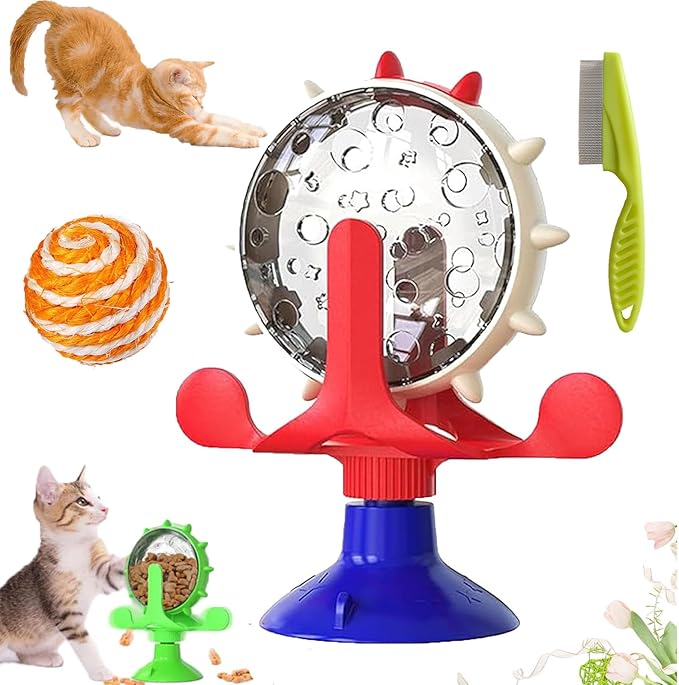 Food Spinning Windmill, Windmill Dog Treat Dispenser, 360°Rotating Treat Dispenser Toy with Suction Cup, Fun Multi Layer Rotating Turntable for Pet Toys (Red)