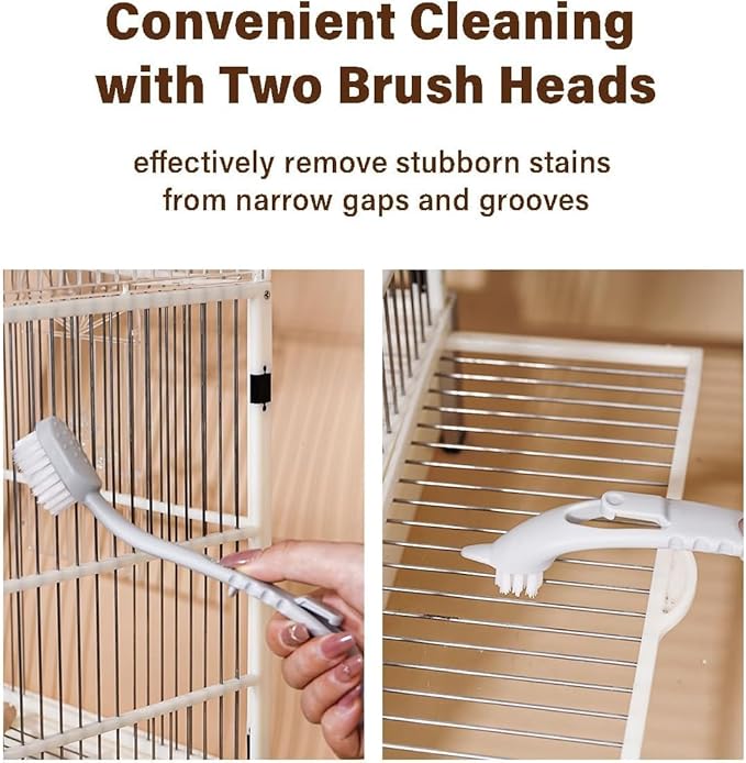 Bird Cage Cleaner with Double Brush Heads Long Handle Cleaning Tool for Small Animal Ferret Bunny Guinea Pigs Cages Food Bowl Pads Groomming (6PC)