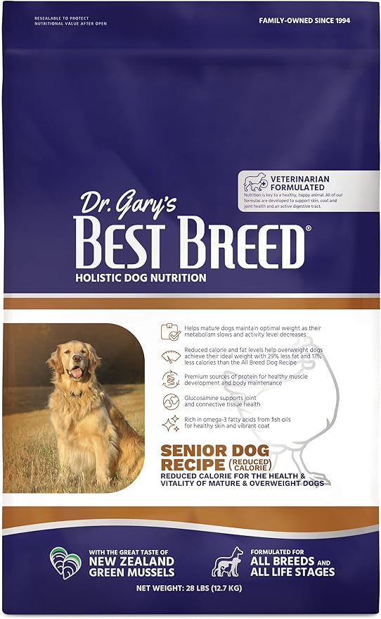 Best Breed Dr. Gary's Senior Dog Recipe, Reduced Calorie Dry Dog Food for Senior & Overweight Dogs, All Breeds, 28 lb. Bag
