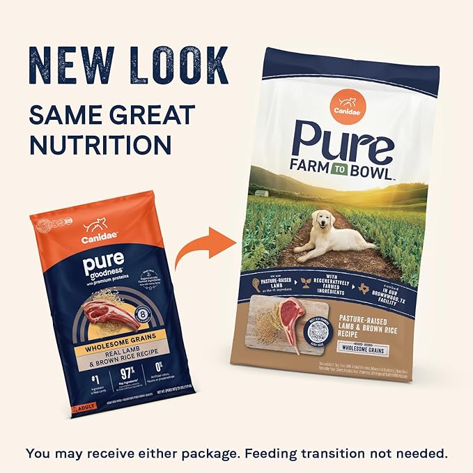 CANIDAE Pure Farm to Bowl Pasture-Raised Lamb & Brown Rice Dog Food, Adult Dog Food, 4lb (Pack of 2)