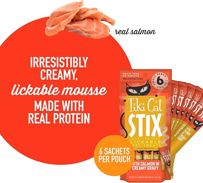 Tiki Cat Stix Mousse Treats, Single Serve Indulgent Lickable Treat or Dry Food Topper, with Salmon in Creamy Gravy, 3 oz. Pouch (Pack of 6)