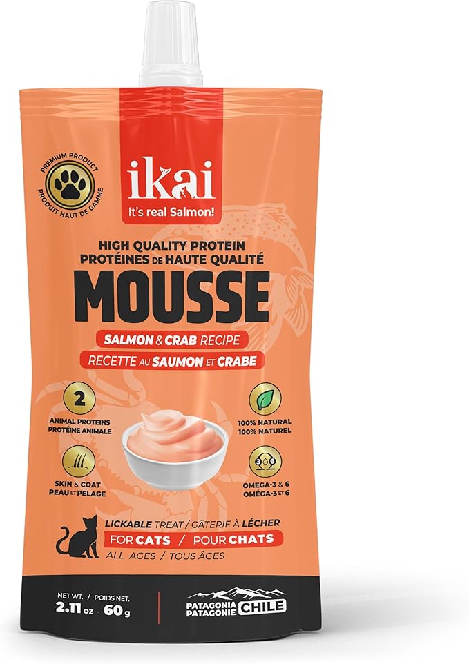 IKAI - Lickable Wet Cat Treats - Patagonian Salmon from Chile, No By-Products, Highly Digestible Protein, with Omega 3 & 6 for Healthy Skin & Glossy Coat - 2.11 oz (16 Pack, Salmon & Crab)