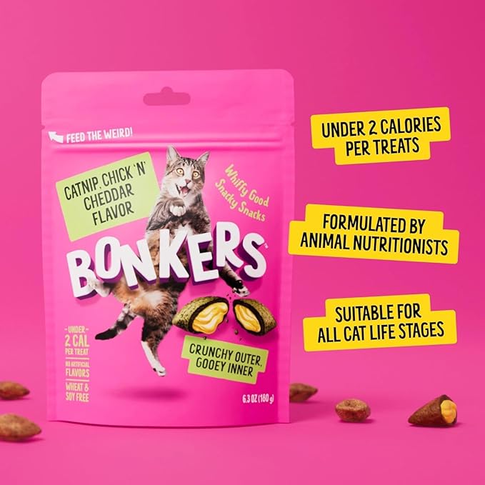 Bonkers Bites, Catnip and Chick 'N' Cheddar Flavor, Crunchy and Soft Texture Snacks, Low Calorie Healthy Treats, No Artificial Flavors, Perfect for Playtime Training Rewards, 2 Pack of 16 oz Tub