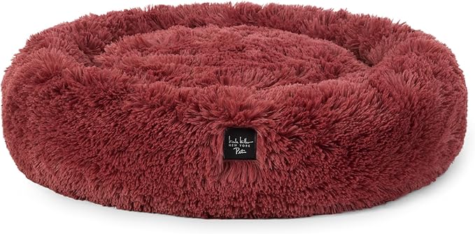 Nicole Miller New York PET Ellie Fuzzy Solid Donut Pet Bed, Plush, Cozy & Calming, Non-Slip Bottom, 100% Machine Washable, Burgundy Rose, X-Small 19"x19"x7" Round