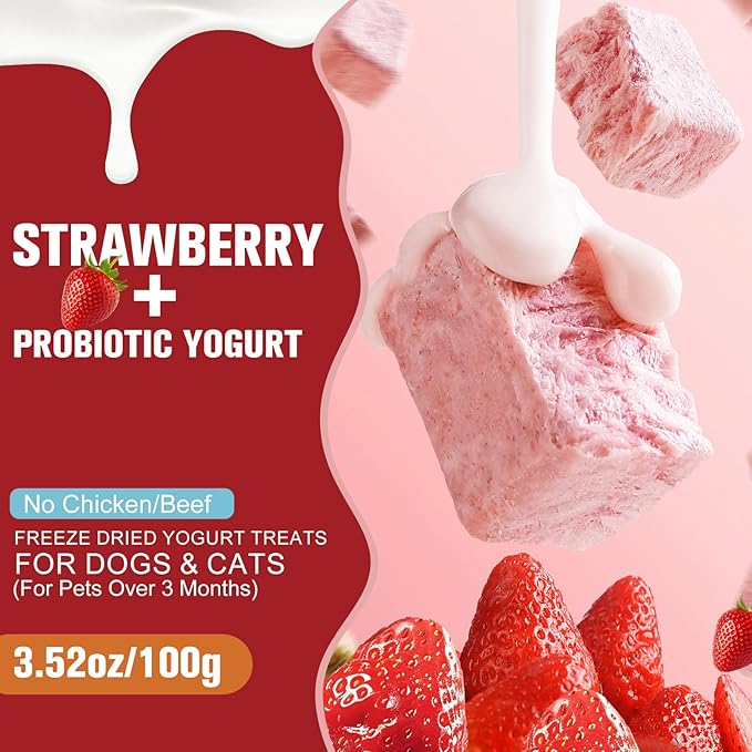 Freeze Dried Yogurt Dog Cats Treats Crunchy Snacks with Strawberry100g (3.52oz), High Protein Yogurts Snacks Pets Food for Cats Dogs Training (Strawberry Yogurt 1pcs)