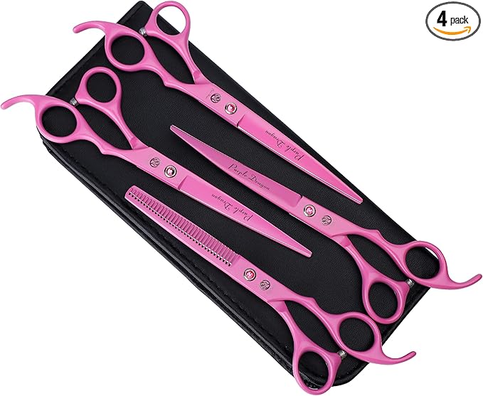 Purple Dragon Professional 7.0 inch 4PCS Pet Grooming Scissors Kit Japan Premium Steel Straight & Curved & Thinning Blade Dog Hair Cutting Shears Set with Case