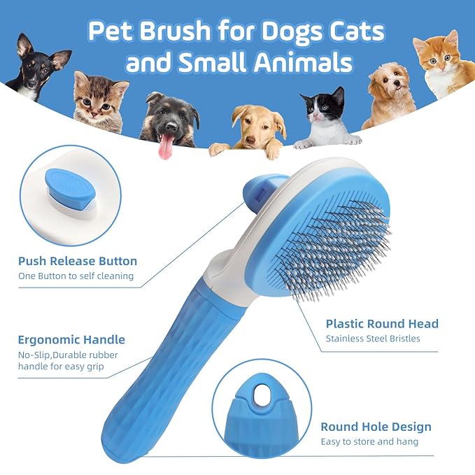 Slicker Dog Brush for Shedding,Self Cleaning Cat Brush,Skin Friendly Cat Brushes for Indoor Cats Massage Grooming,Dog Deshedding Brush for Long&Short Haired Dogs Loose Fur Hair Removal Blue
