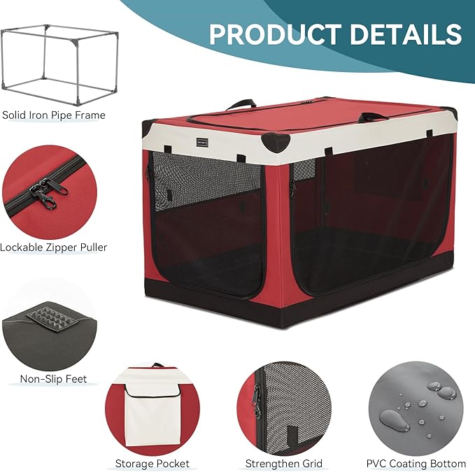PETSFIT 40" Soft Portable Dog Crate – Patented Spiral Sturdy Frame, Collapsible Travel Kennel for Large Dogs, 3 Mesh Door, Lockable Zippers, Indoor & Car Use Red