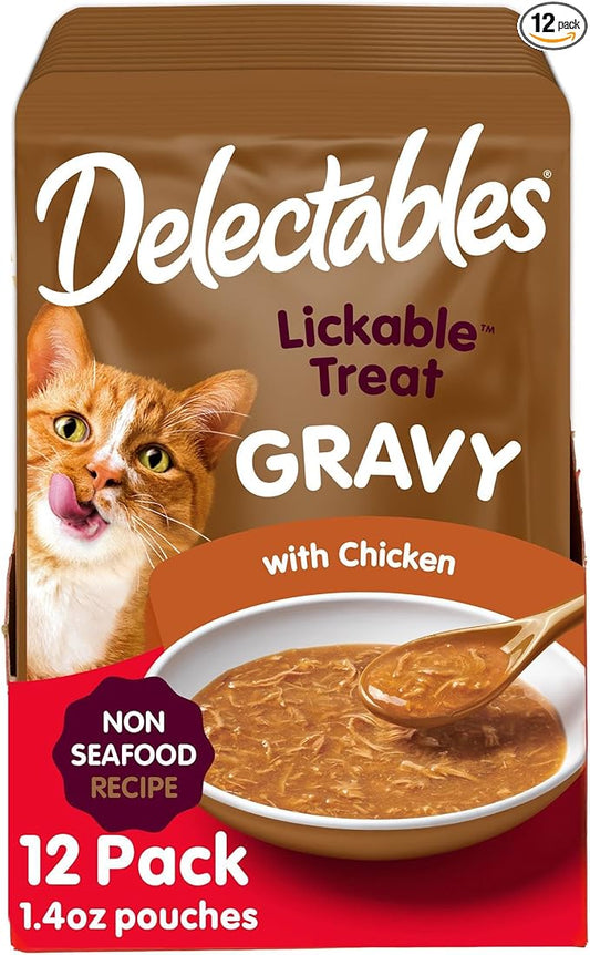 Delectables Lickable Treat Gravy Non-Seafood Wet Cat Treat with Real Chicken, Food Topper, Hydrating, Grain-Free, No Fillers, By-Products, Added Preservatives, 1.4oz Pouch, 12ct