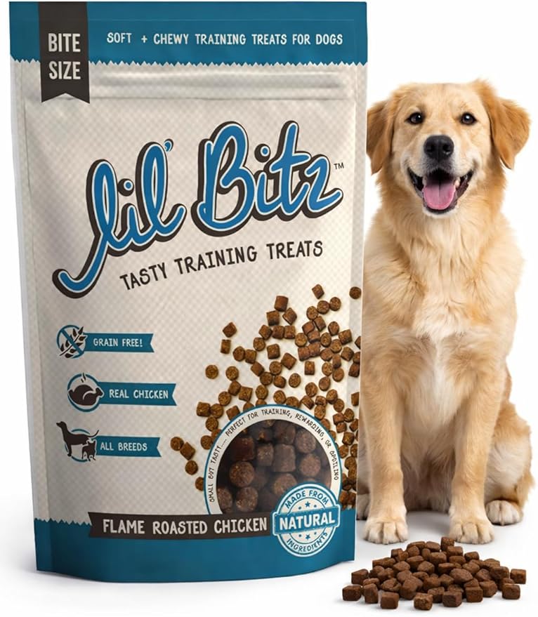 Lil' Bitz Soft & Chewy Training Treats for Dogs, Bite Size Reward Treats for Training & Positive Reinforcement, Grain Free Treats Made with Real Chicken, Flame Roasted Chicken Flavor, 4 oz Bag