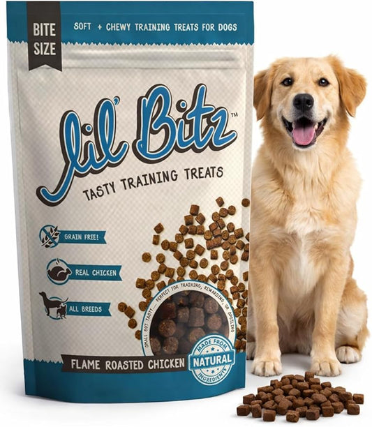 Lil' Bitz Soft & Chewy Training Treats for Dogs, Bite Size Reward Treats for Training & Positive Reinforcement, Grain Free Treats Made with Real Chicken, Flame Roasted Chicken Flavor, 4 oz Bag