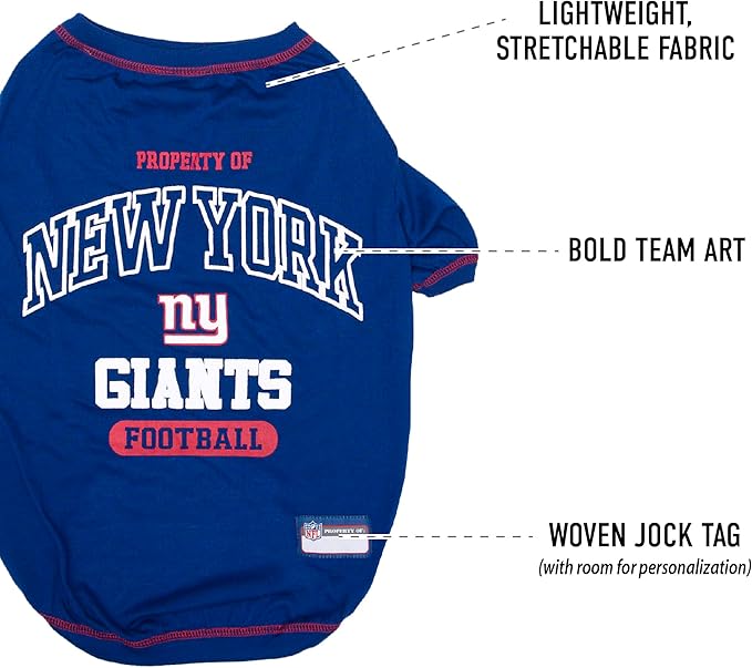 NFL New York Giants Dog T-shirt X-Small. Licensed Shirt for Pets Team Colored with Team Logos. Premium Stretchable Materials for the comfort of your Dog & Cat