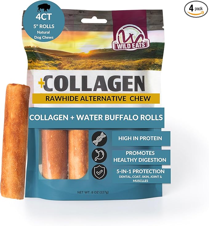 Wild Eats Water Buffalo Flavor Collagen Retriever Style Cheek Rolls 5" Dog Chews-4 Pack (Long Lasting Dog Chews Treats & Bones for Medium Dogs) Substitute for Pig Ears for Dogs
