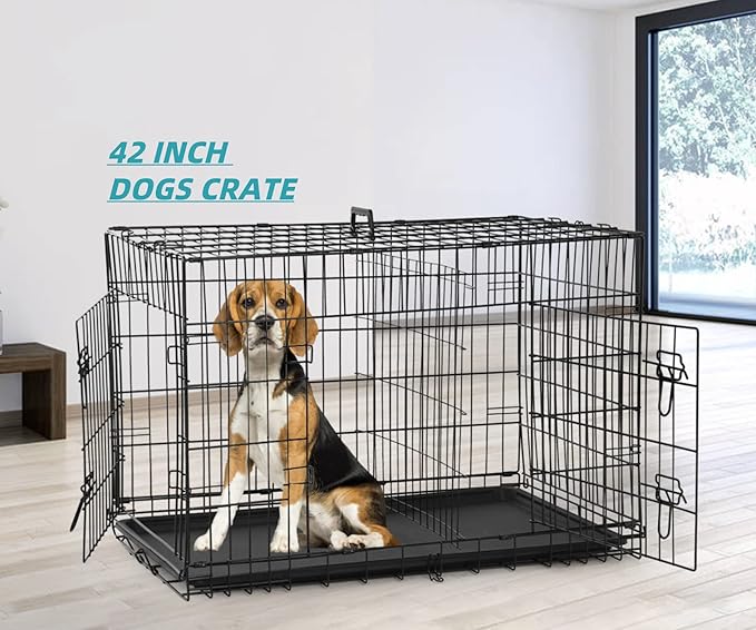 Large Double-Door Dog Crate Dog Cage Dog Kennel Metal Wire Folding Pet Animal Pet Cage With Handle Tray And Divider Keeps Pet Cool, Warm, Dry, Comfortable, Metal Welded Dog Kennel Metal Wire Cage, 42"