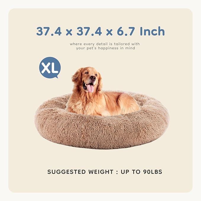 DUMOS 37.4x37.4 Inch Calming Donut Dog Beds for Large Dogs, Machine Washable Cuddler Warming Cozy Fluffy Faux Fur Plush Round Pet Bed, Anti-Slip Bed for Indoor Dogs and Cats, Brown