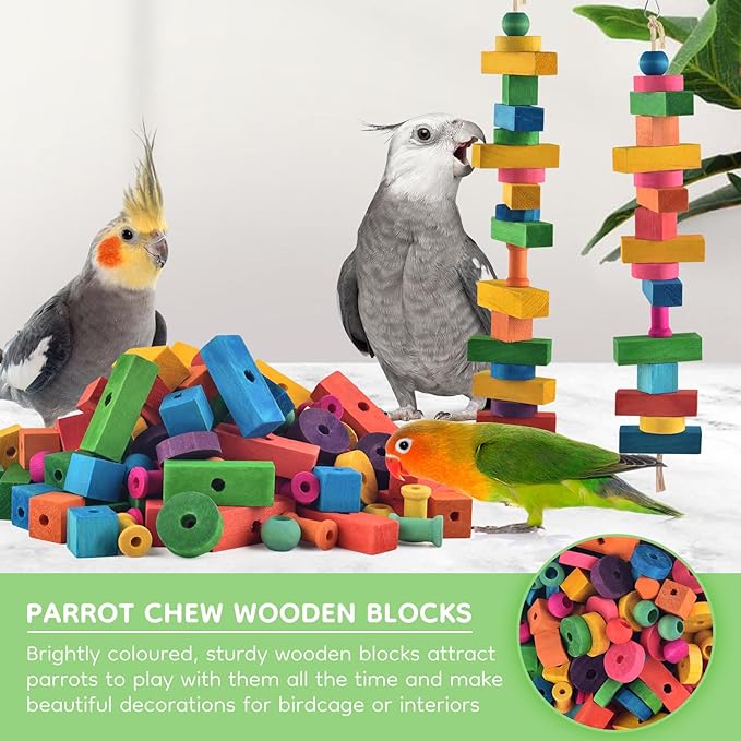 DBNESS Large Bird Toys for Parrots, 165 PCS Colorful Chew Toy Multi-Shaped DIY Wooden Blocks Craft Birds Cage Training Toy Macaw Cockatoo African Grey Medium Large Parrot