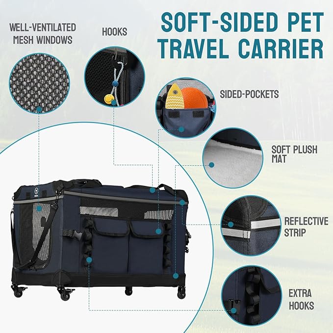 PEGIC 24-inch Foldable Cat Carrier with Removable Wheels – Large Pet Travel Carrier for Cats & Small Dogs, Breathable & Sturdy for Car Rides (Holds up to 44lbs)