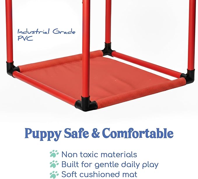 Race&Herd Puppy Play Gym, Dog Play Mat, 8 Bungee Straps Interactive Puppy Active Toys - Small Dog Jungle Gym 19.5" Frame with Playground Set Indoor Enrichment Activity Center (Red)