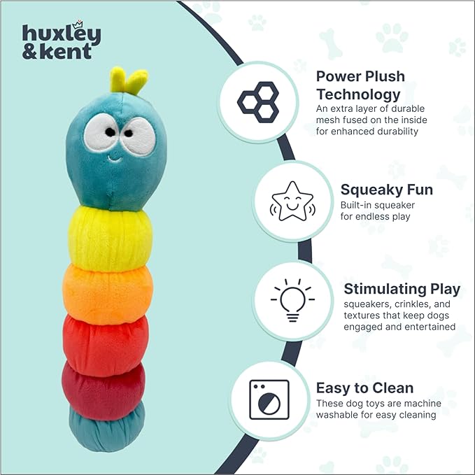 Huxley & Kent Funny Dog Toy w/Squeaker – Power Plush Squeaky Dog Toys for Small, Medium & Large Dogs – Soft Stuffed Animal for Indoor Play & Fetch - Fetchies® Caterpillar, Small