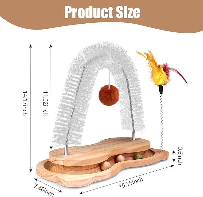 Cat Self Groomer, Cat Scratcher Grooming Brush Massager Arch for Indoor Cats Face Back Scratcher Rubbing Post Corner Brush w/ Kitten Interactive Catnip Ball Track Toy for Chasing Hunting Exercise