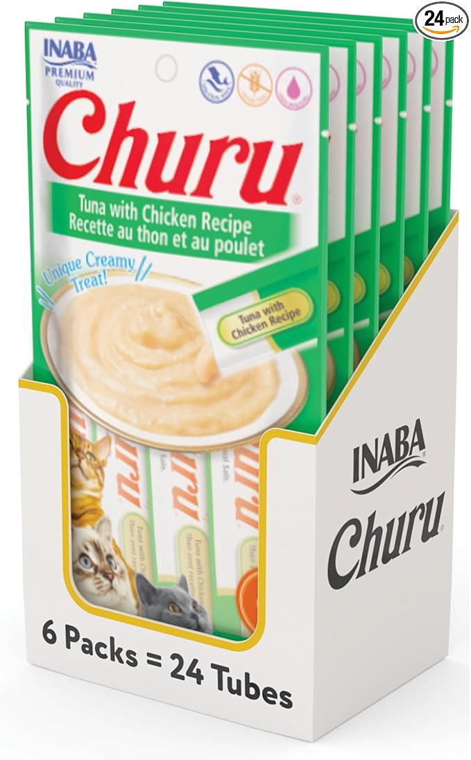 INABA Churu Cat Treats, Lickable, Squeezable Creamy Purée Cat Treat with Green Tea Extract & Taurine, 0.5 Ounces Each Tube, 24 Tubes (4 per Pack), Tuna with Chicken Recipe