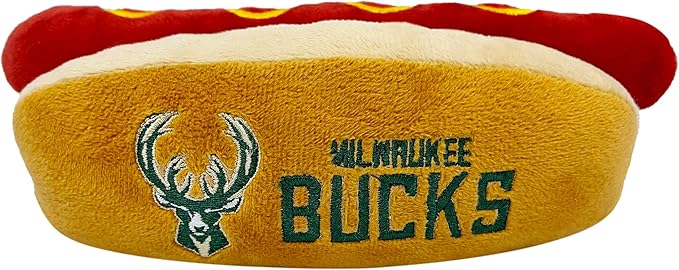 NBA Milwaukee Bucks HOT Dog Plush Dog & CAT Squeak Toy - Cutest HOT-Dog Snack Plush Toy for Dogs & Cats with Inner Squeaker & Beautiful Basketball Team Name/Logo