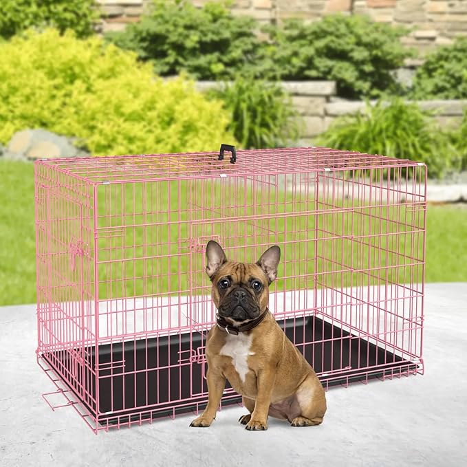 Large Dog Crate, Portable Travel Dog Crate with Double-Door, Removable Tray - Extra Large Dog Cage for Medium Sized Dogs, Ideal for Indoor and Outdoor (Pink, 30")