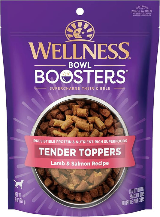 Wellness Bowl Boosters Tender Toppers Dog Food Topper for Small, Medium, and Large Breeds, Grain Free, Natural, Lamb and Salmon Recipe, 8 oz Bag