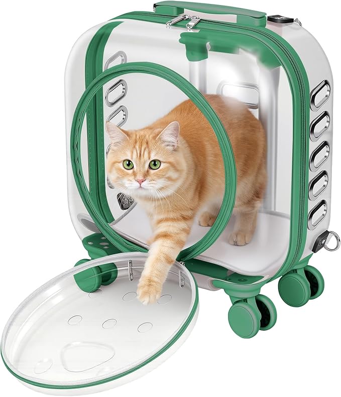 Cat Carrier Hard Shell Transparent Pet Trolley Box with Wheels, Pet Rolling Backpack with Telescopic Handle, Detachable Shoulder Strap, for Travel Outdoor Green