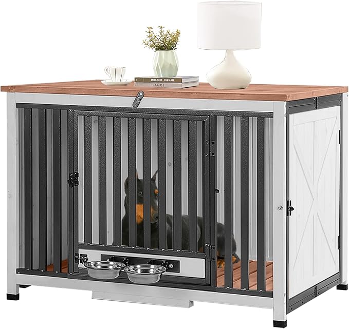GUTINNEEN Expandable Foldable Dog Crate Furniture with 360° Rotating Bowls, Large Solid Wood Dog Crate End Table, Chew-Resistant Frame, Connectable Design for Larger Space, 39.4" L (Left Crate)