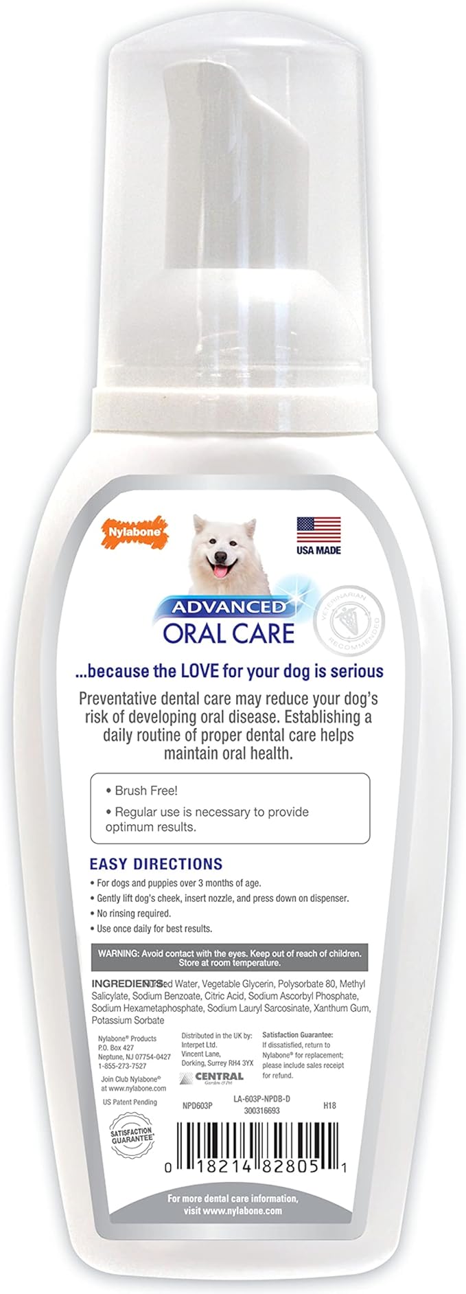 Nylabone Advanced Oral Care Pet Dental Foam Tartar Remover & Breath Freshener for Dogs, Dog Teeth-Cleaning, 4 oz.