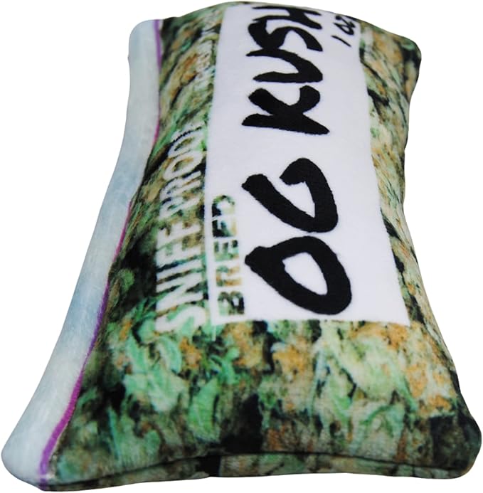 Impressed.co Bag-O-Weed OG Kush Ounce of Weed Parody Zip Bag - Heavy Duty Plush Dog Toy with Squeaker- Funny Print Pet Chew Toy - Stoner Gift for Small Medium and Large Dogs
