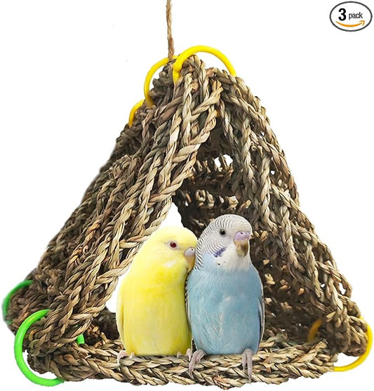 Tfwadmx Large Bird Seagrass Hammock Tent, 3Pcs 9.8x9.8in Seagrass Mat for Birds, Hanging Parrot Toys, Counre House Hut Hideout for Parakeets, Lovebirds, Budgies, Cockatiels