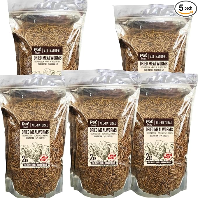Pet Faves Dried Mealworms for Chickens, Birds, Hamster, Reptile and Turtle - Premium Non-GMO Treats with 55% Protein for Laying Hens - Organic Food for Wild Bird, Bluebirds, Robins, Cardinals (10LB)