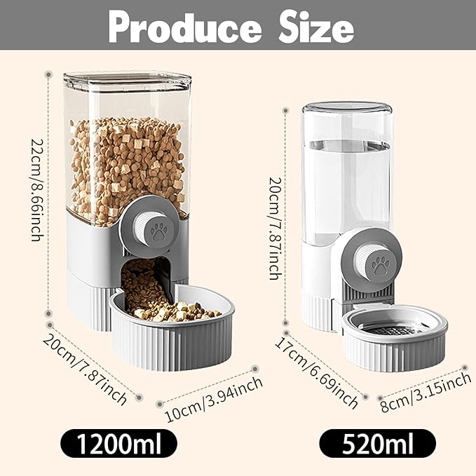 Hanging Cage Automatic Pet Food Water Dispenser, 41oz Hanging Automatic Food Dispenser, 18oz Pet Water Bottle for Cage Crate, Suitable for Kitten Rabbit Chinchilla Hedgehog Ferret (Grey, 41Oz)