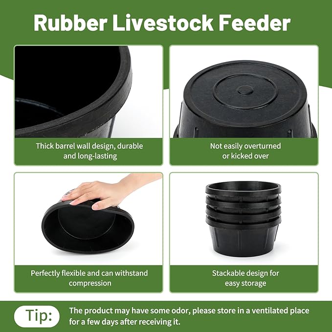 4Pcs Rubber Feeder Pan,2 Quart Feed Bucket Utility Feed Bucket,Small Animal Food Trough for Chickens Rabbits Ducks Cats and Dogs Durable Outdoor Livestock Water Bowl Black