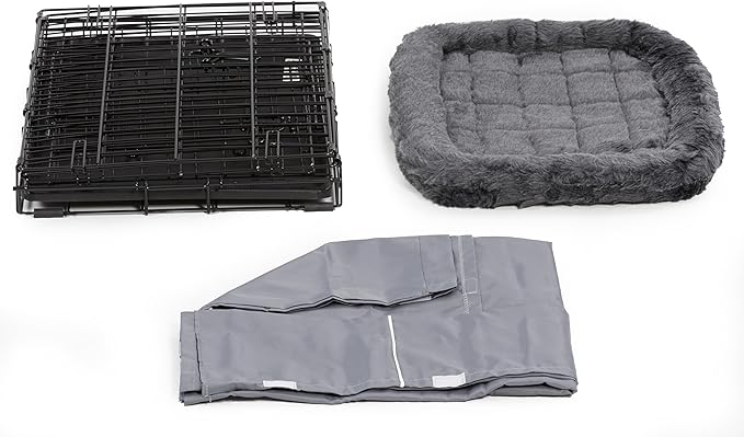 MidWest Homes for Pets Double Door 24-inch Dog Crate Kit, Bundle Includes a Two-Door Cage, Matching Gray Bed and Crate Cover, For Small Breeds