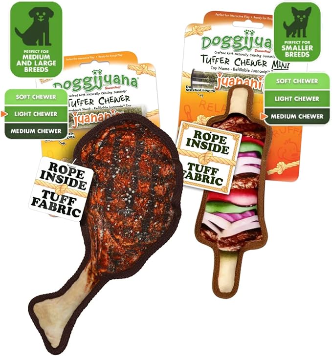 Doggijuana Cafe Combo Refillable Juananip Toy Bundle | Tomahawk Steak & Grilled Kebab | Funny Dog Toy Plush with Catnip and Refill | Interactive Chew for Play