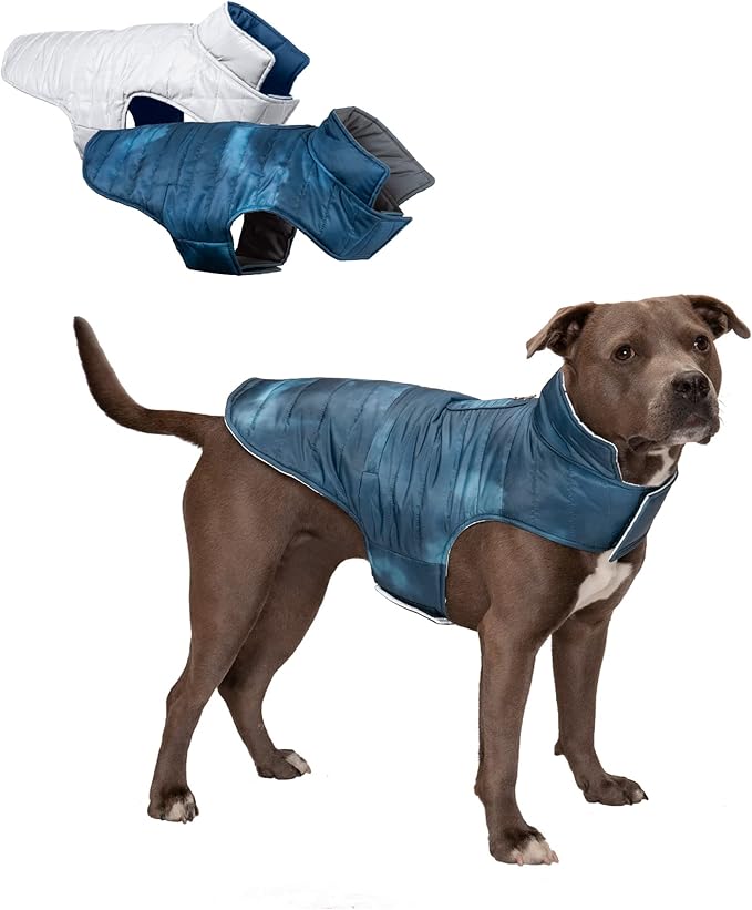 Furhaven Water-Repellent & Reversible Medium Dog Coat, Washable & Reflective w/ Leash Access, Pocket, & Carry-On Purse - Puffer Dog Jacket - Blue Watercolor, Medium