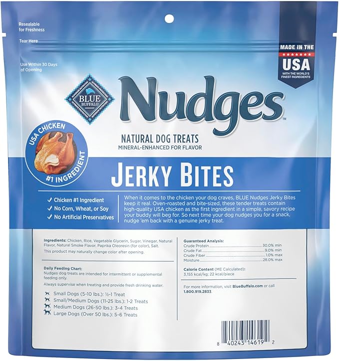 Blue Buffalo Nudges Jerky Bites Dog Treats, Made in the USA with Natural Ingredients, Bite-Sized Pieces, Chicken, 16-oz Bag