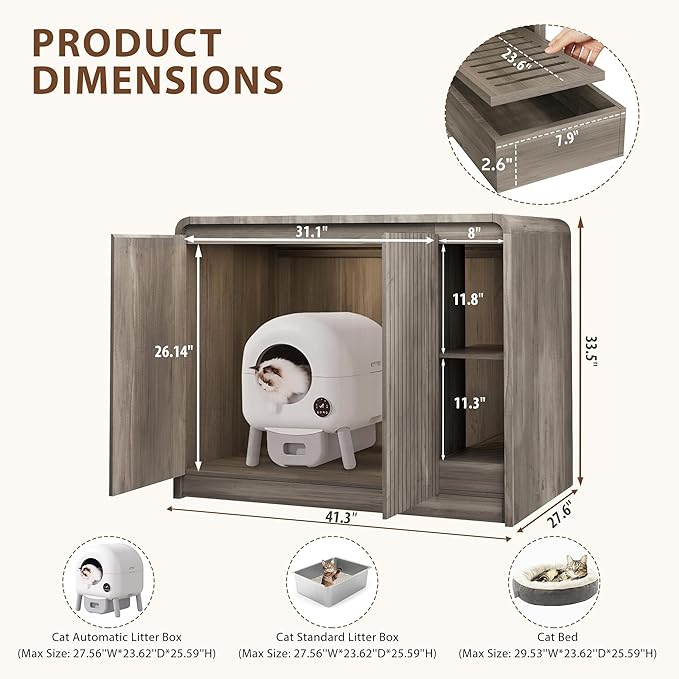 Cat Litter Box Enclosure for Automatic Litter Box, Litter Box Enclosure with Litter Collector and Power Outlet, Large Cat House with Adjustable Shelf for Dog Proof, Side Table, Grey