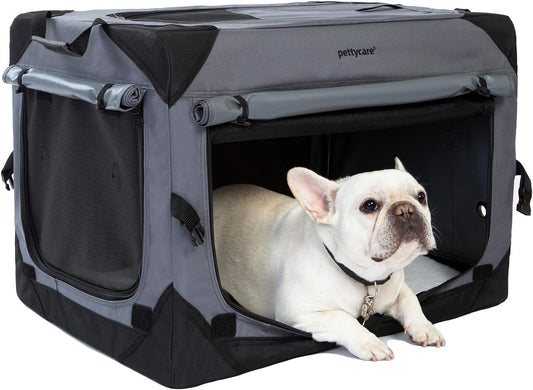 Pettycare 26 Inch Collapsible Dog Crate with Curtains Travel Dog Crate for Airflow and Calm Soft Pet Kennel with Portable Bag and More Chew Proof Mesh Indoor & Outdoor Grey 4 Door Curtains