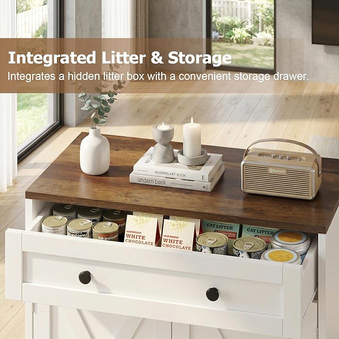 Cat Litter Box Enclosure with Storage Drawers, Hidden Litter Box Wooden Furniture, Modern Farmhouse Indoor Cat House, Multifunctional Side Table, White